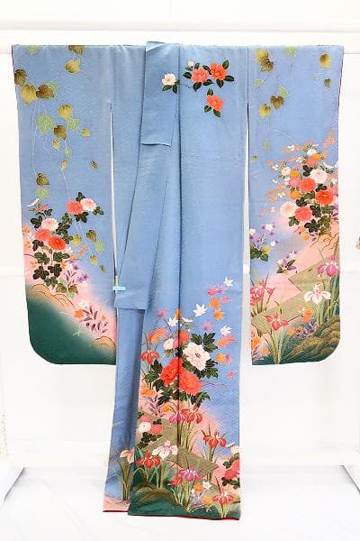 美品 本振袖 水色 金彩加工 枝花 身丈172.5cm トールサイズ フォーマル