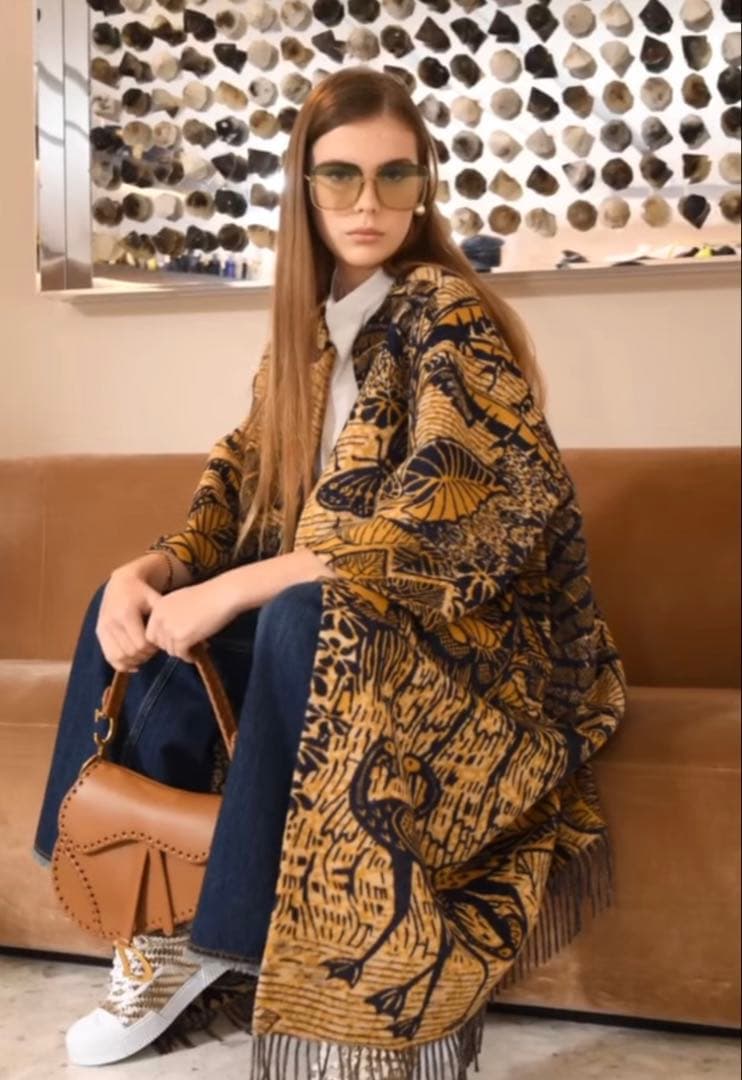 DIOR 2020SS ディオール アンゴラ 総柄 フリンジ ロングコート 40