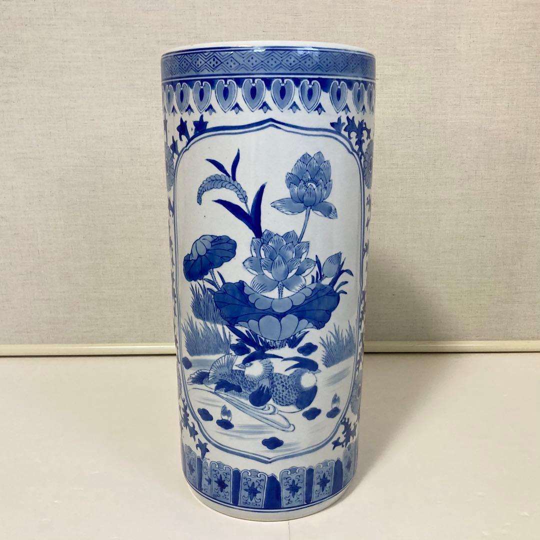 傘立て アンブレラスタンド 陶器 染付 花鳥 風景 山水 和風 円柱 レトロ