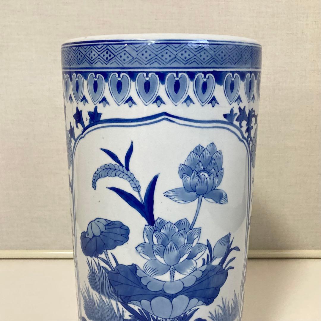 傘立て アンブレラスタンド 陶器 染付 花鳥 風景 山水 和風 円柱 レトロ