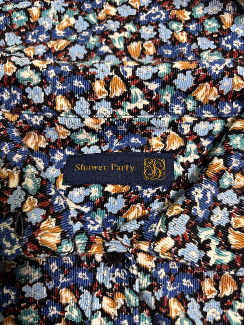 美品 shower party 日本製 ゆったりコーデュロイ 小花 シャツワンピ