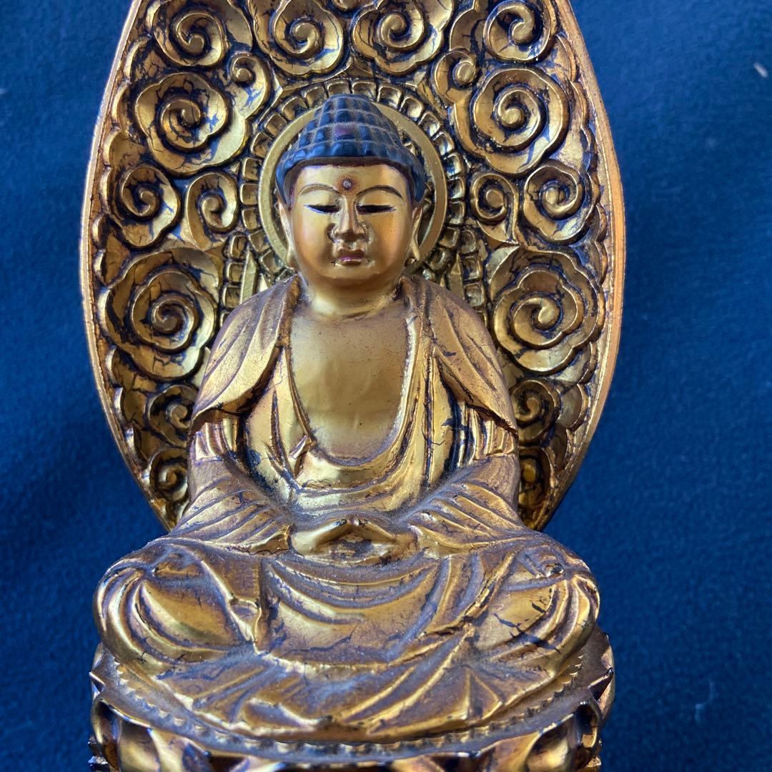 水煙光背 釋迦如来像本金箔六角台座