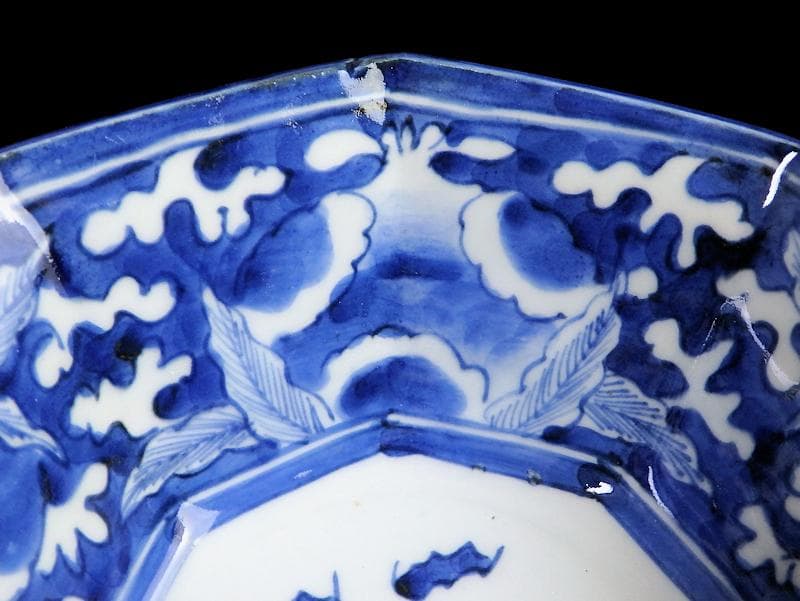 古伊万里　染付　雪輪に柘榴の図　八角深鉢　E623A-fbnc