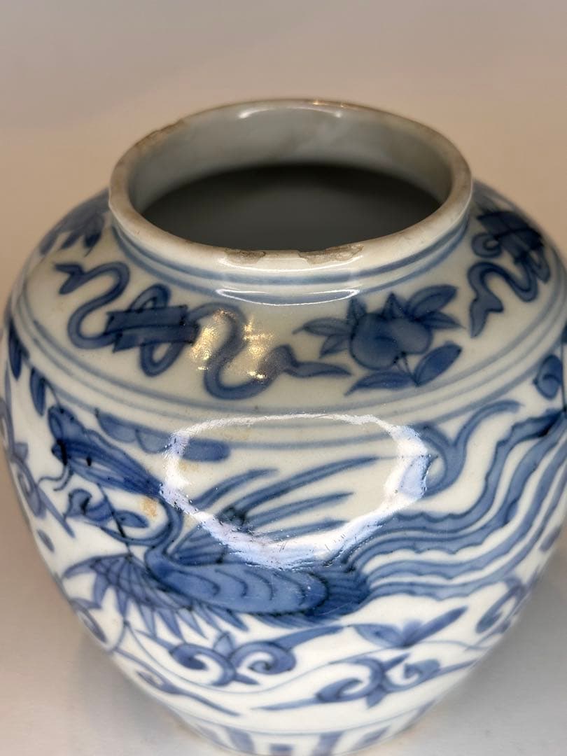 中国明代 染付 鳳凰文 小壺 古陶磁 時代物 口縁に傷あり 骨董品 アンティーク