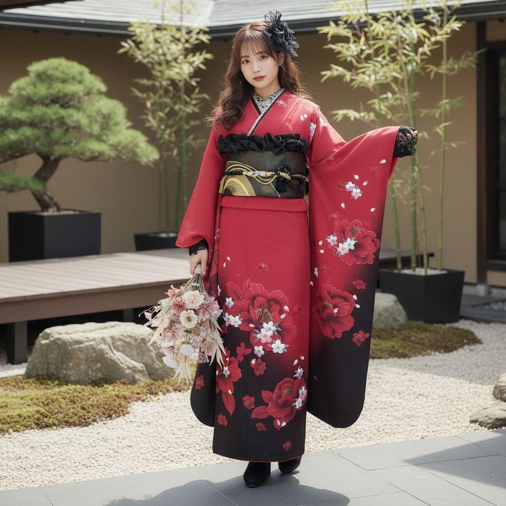 SALE中！振袖フルセット(8点)成人式・京都きもの友禅・大輪牡丹柄・暈し染め