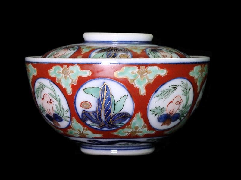 大聖寺伊万里　金襴手　丸紋に鳥の図　蓋茶碗　D136AS-fbqb