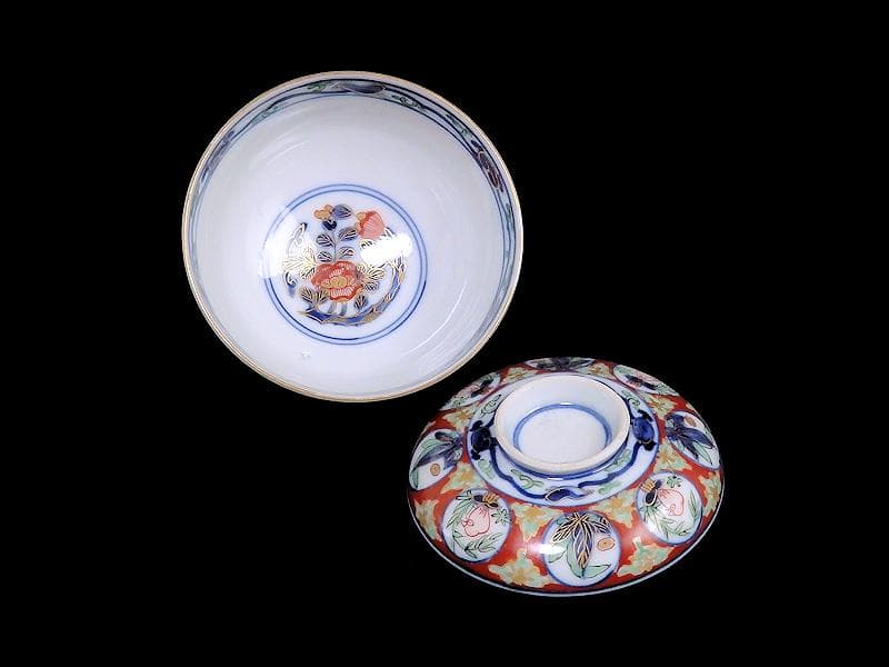 大聖寺伊万里　金襴手　丸紋に鳥の図　蓋茶碗　D136AS-fbqb