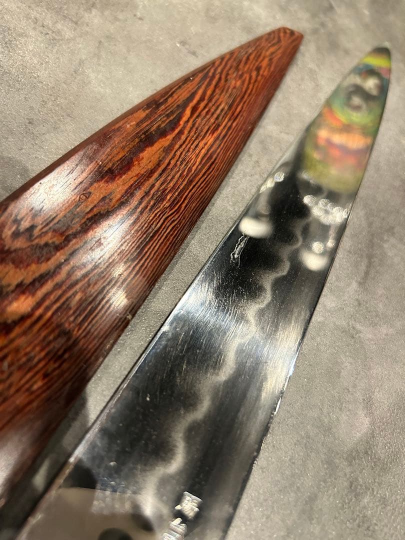 源昭忠 本焼き （柳刃）包丁 尺（300mm）鉄刀木・天然素材口金•銀巻 鞘付