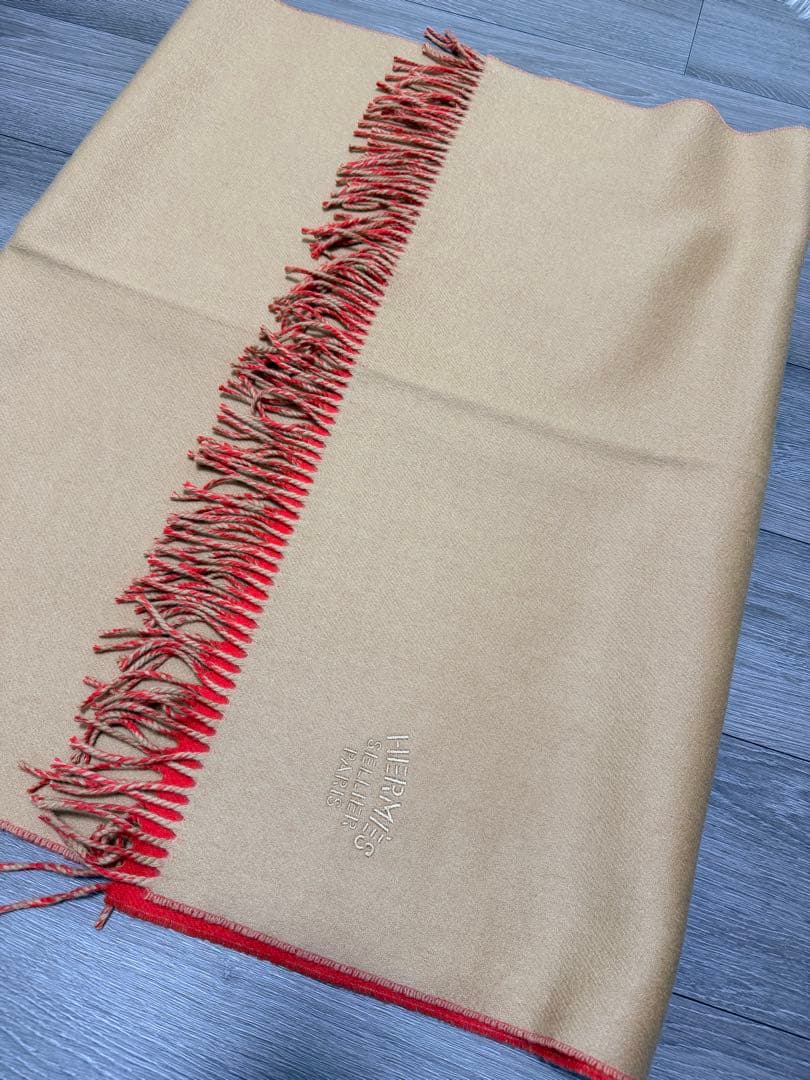 【美品】HERMES 上質カシミヤストール リバーシブル　ベージュ・赤