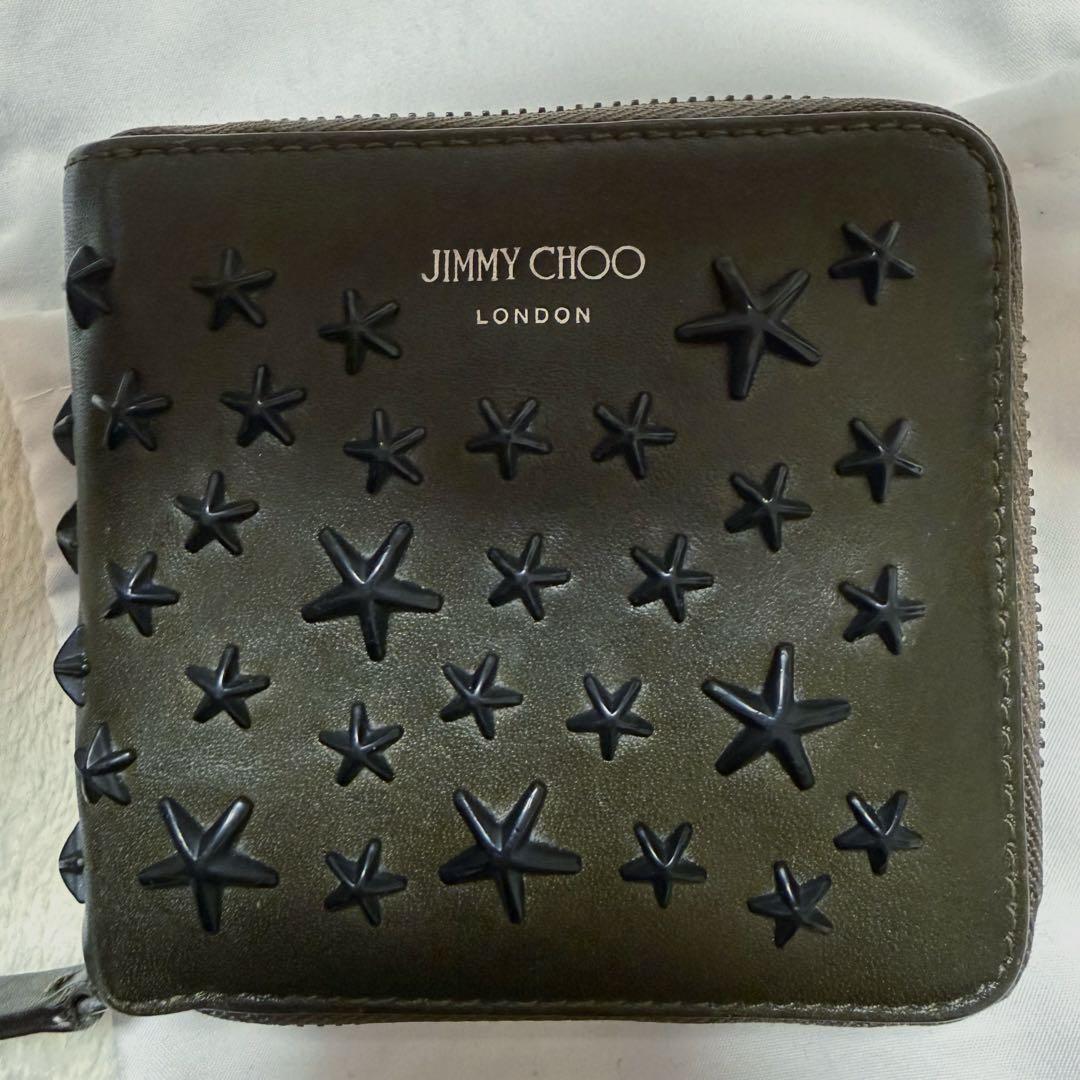 ★美品★JIMMY CHOO ★ 二つ折り財布 オリーブ ブラック ファスナー