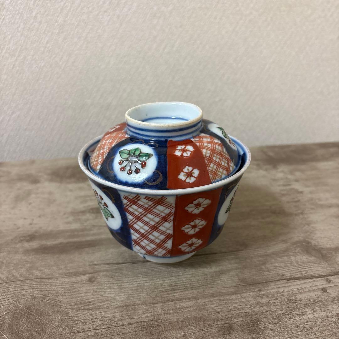 可愛いどんぶり　古伊万里　色絵染付間取　丼5客　蓋付碗　アンティーク　明治〜大正