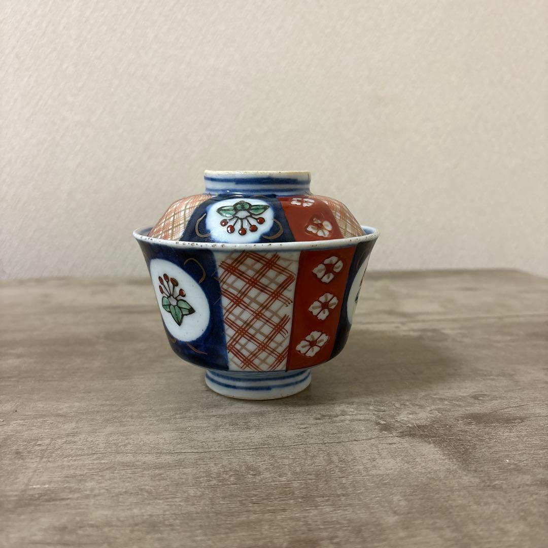可愛いどんぶり　古伊万里　色絵染付間取　丼5客　蓋付碗　アンティーク　明治〜大正