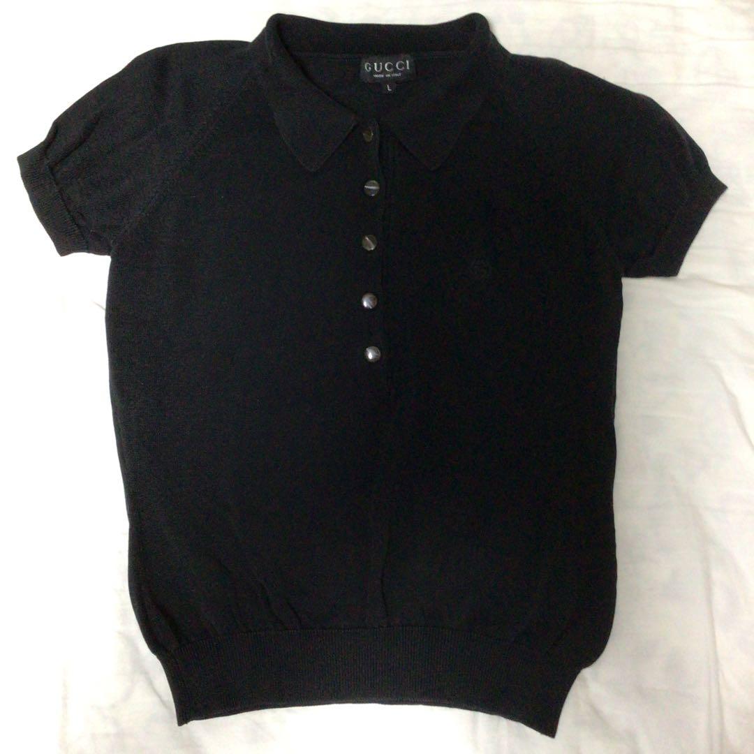 グッチ　黒　ニットポロシャツ　GGマーク　L（小さめ）