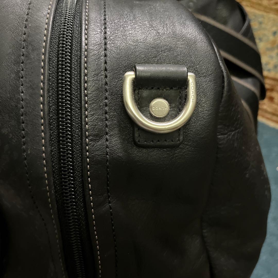 COACH ボストンバッグ 黒 レザー ストライプデザイン