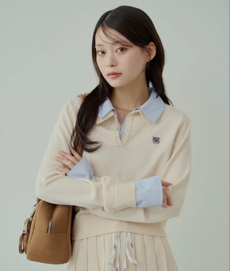 Chico 刺繍入り襟付きポロニット アイボリー