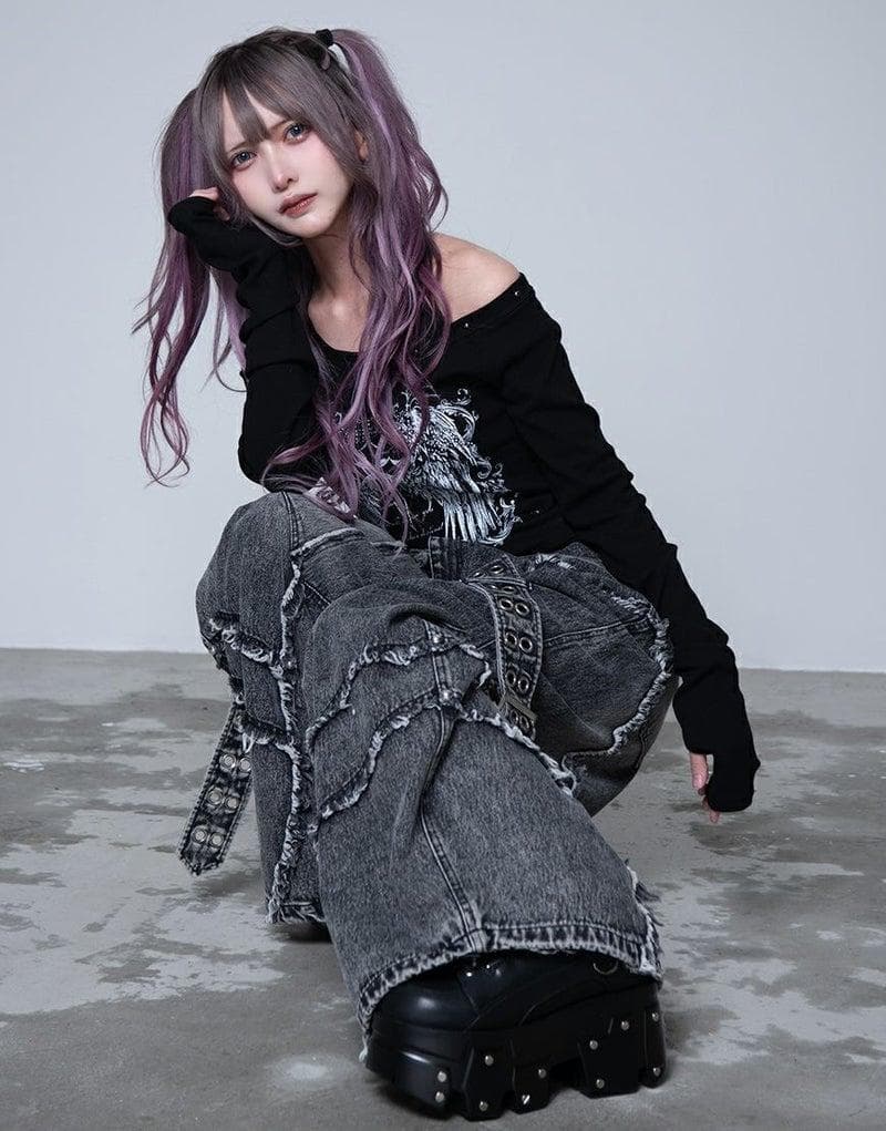 REFLEM【レフレム】バレルレッグベルトワイドデニムパンツ　グレー　Lサイズ