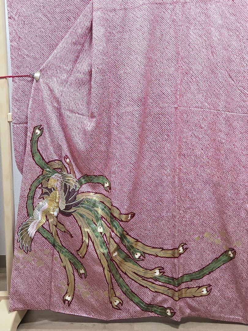 B 美品 総絞り 鳳凰模様 金彩 刺繍 金糸 赤 白 袷 振袖 着物