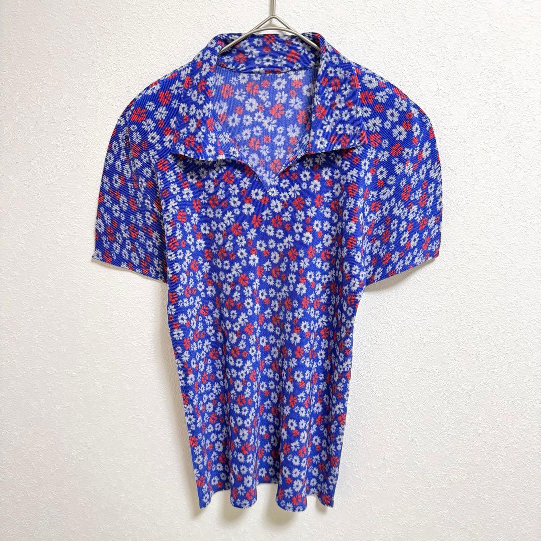 極美品✨PLEATS PLEATS プリーツ　花柄　トップス　半袖　ネイビー