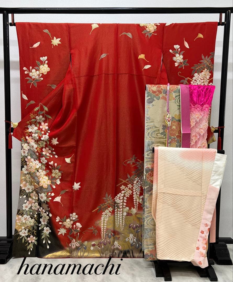 振り袖　フルセット　別誂長襦袢　豪華金彩　成人式　赤　黒　刺繍入り　857