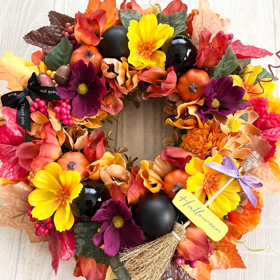 ハロウィン リース 秋リース 紅葉 カエデ 大人ハロウィン オレンジ 茶色 赤