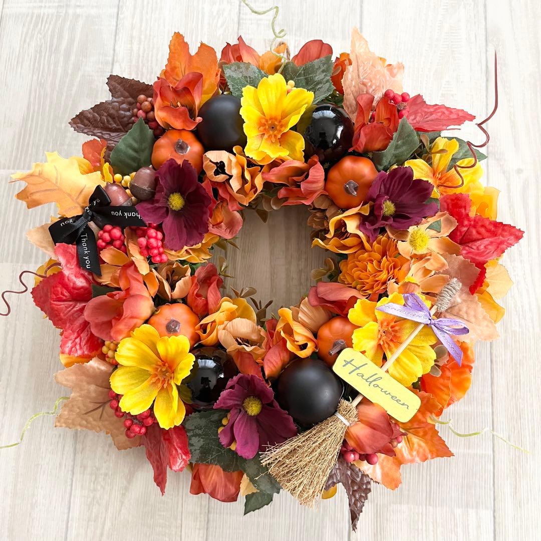 ハロウィン リース 秋リース 紅葉 カエデ 大人ハロウィン オレンジ 茶色 赤