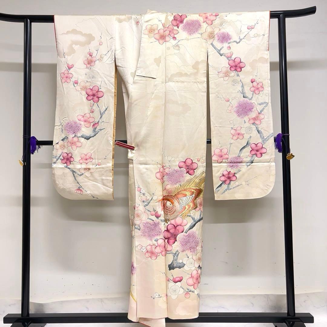 振袖　セミアンティーク　刺繍　絞り　鴛鴦　鳥　梅花　着物　092tz