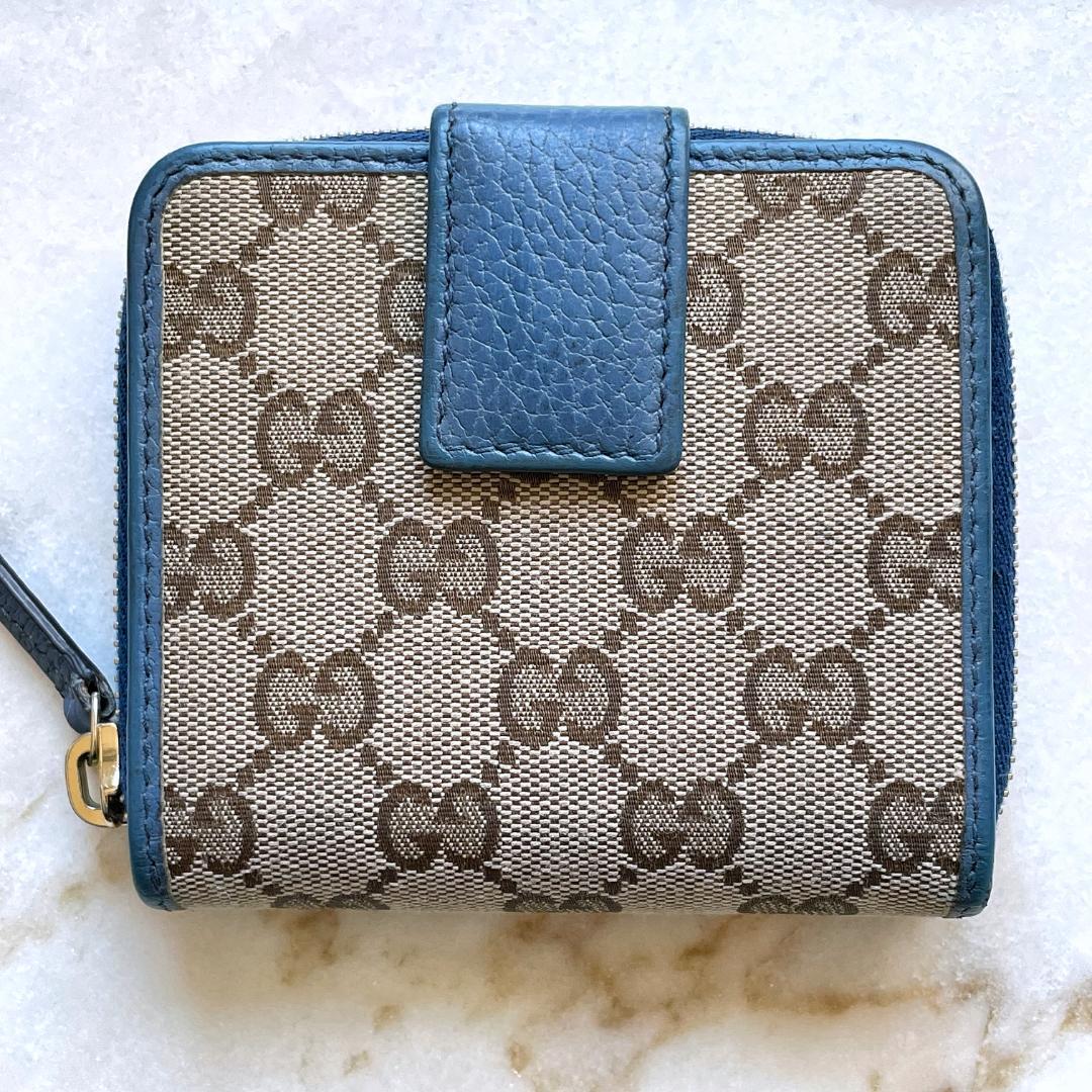 ■617 GUCCI グッチ GGキャンバス ラウンド 折財布 ブルー 正規品