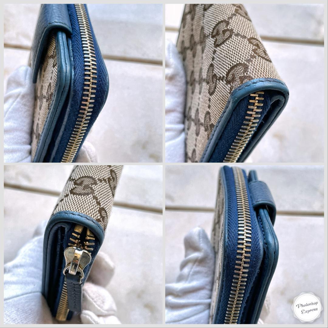 ■617 GUCCI グッチ GGキャンバス ラウンド 折財布 ブルー 正規品