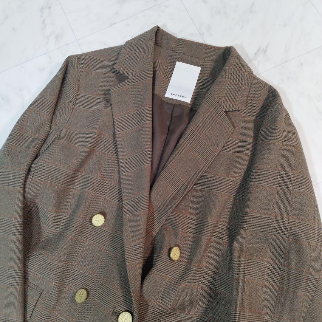 美品　SHENERY　チェックダブルジャケット　ブラウン　金ボタン