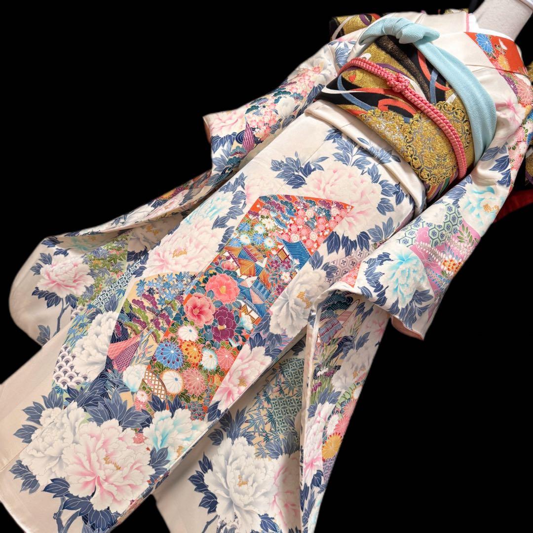 美品　振袖5点セット　正絹　古典柄　牡丹　成人式　159〜165cm