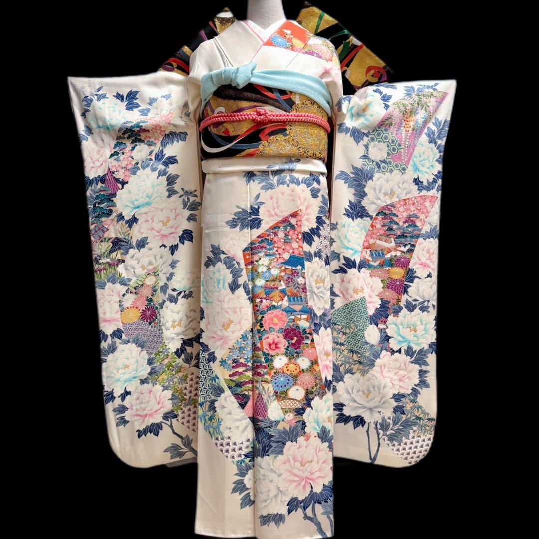 美品　振袖5点セット　正絹　古典柄　牡丹　成人式　159〜165cm