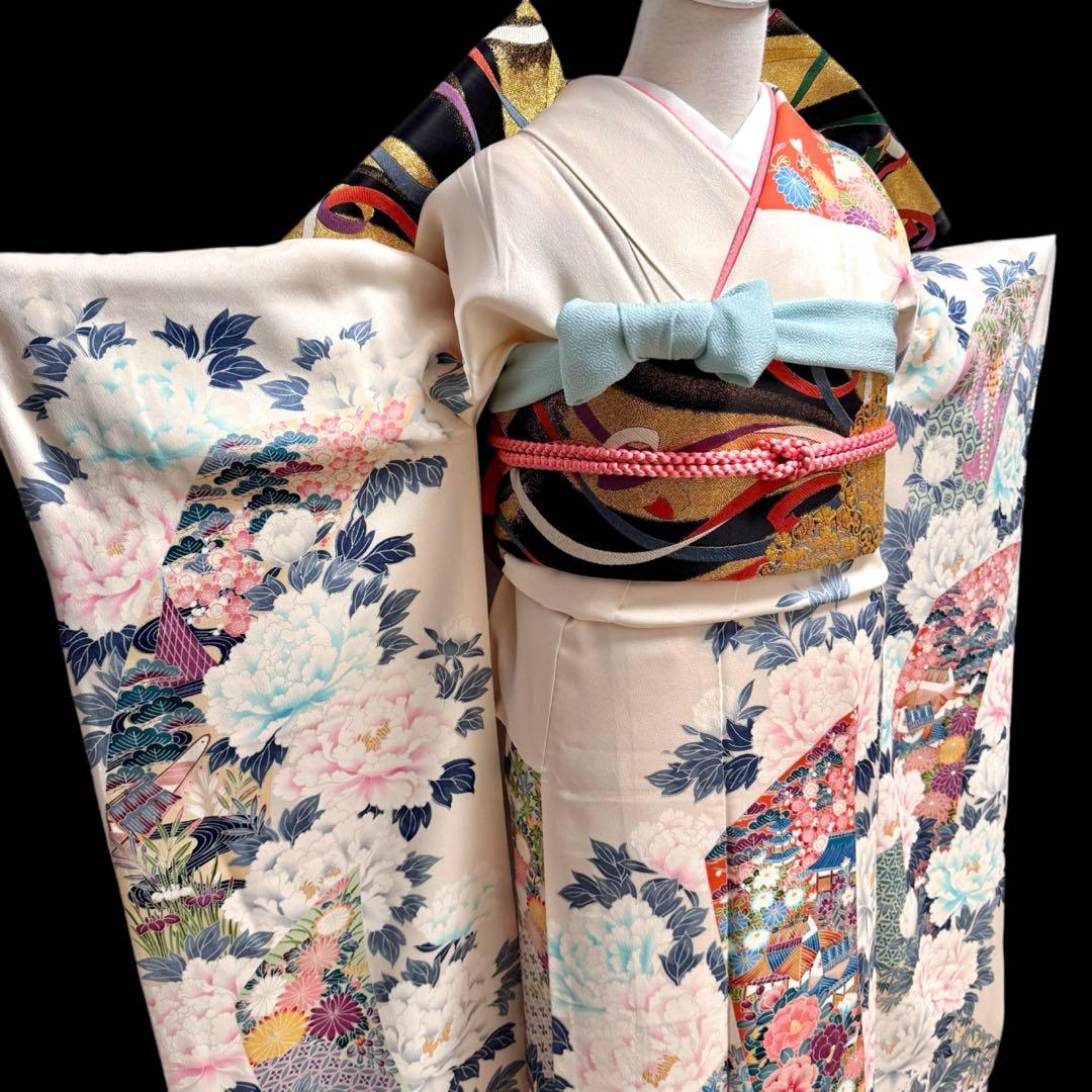 美品　振袖5点セット　正絹　古典柄　牡丹　成人式　159〜165cm