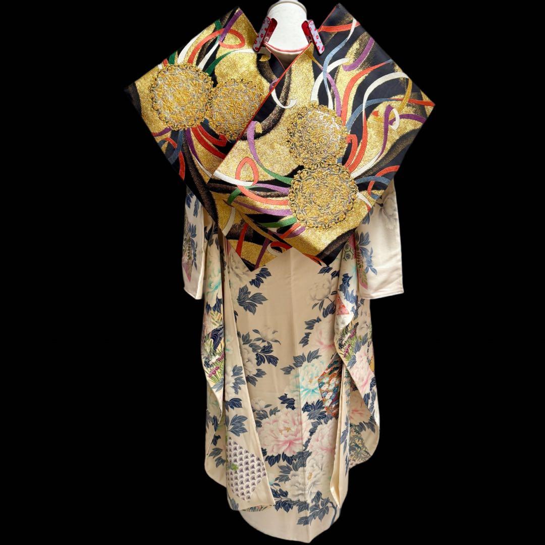 美品　振袖5点セット　正絹　古典柄　牡丹　成人式　159〜165cm