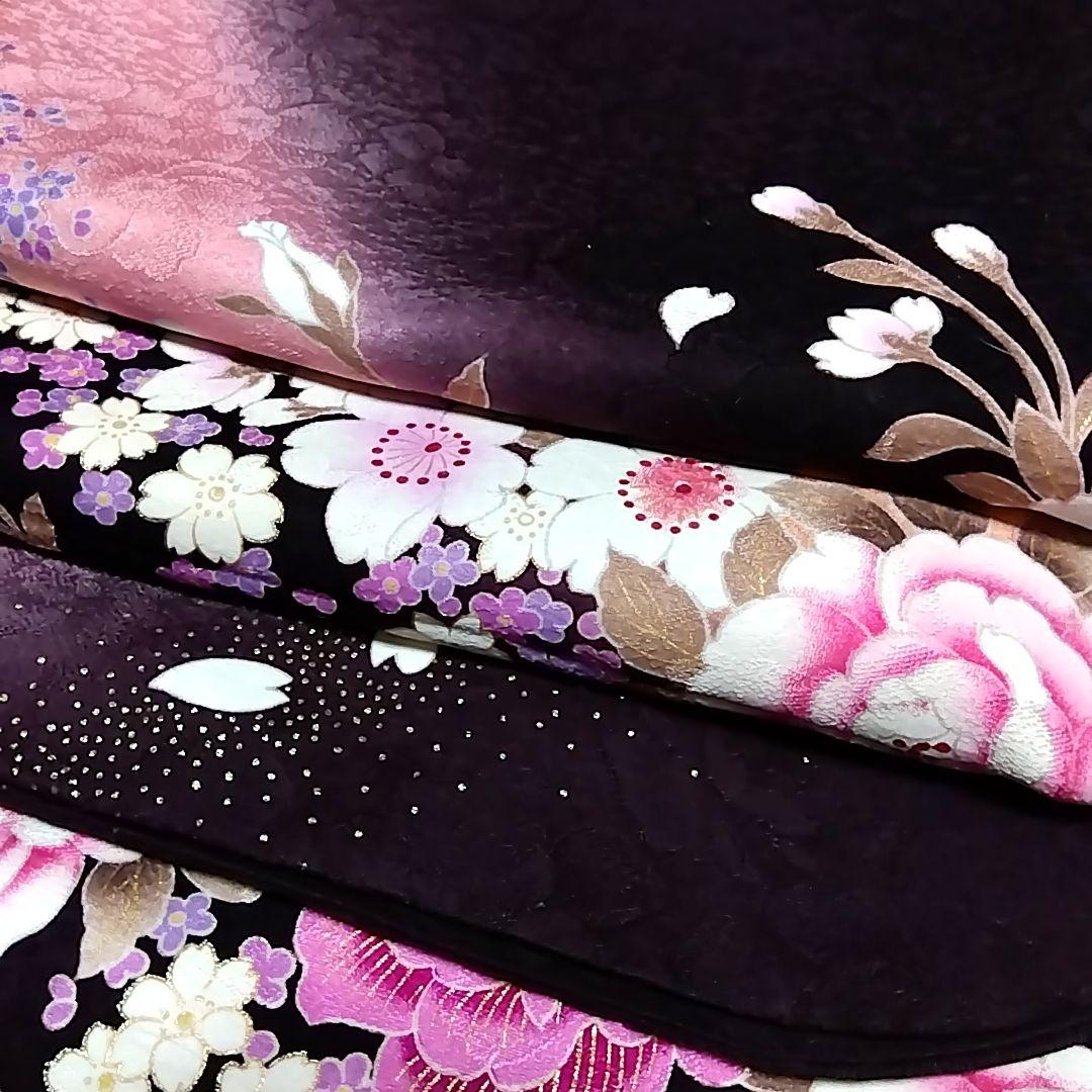 振り袖 フルセット 正絹 茶紫 地紋 重ね衿 振袖 刺繍
