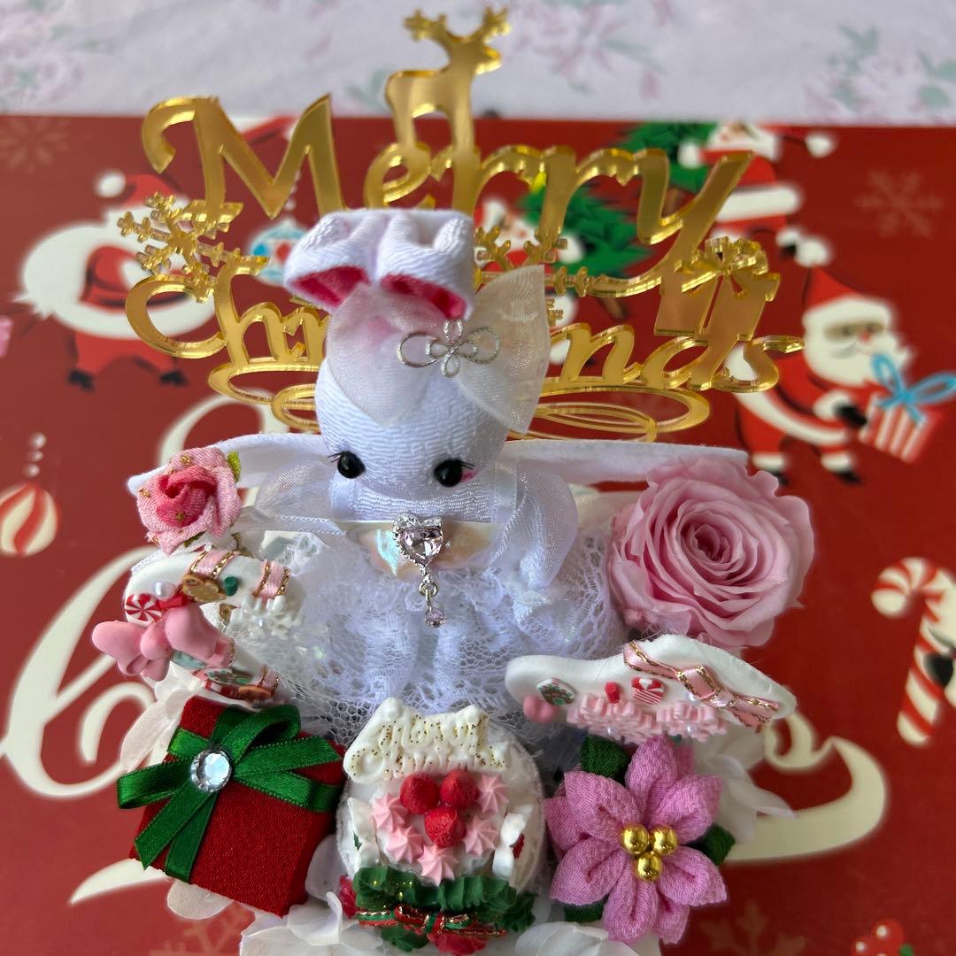 ハンドメイド❣️ホワイトクリスマス❣️エンジェルうさぎちゃん、トレイン付き、薔薇❁⃘