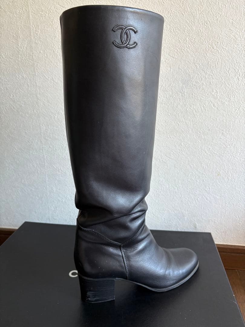 CHANEL 黒 レザー ロングブーツ ヒール5cm