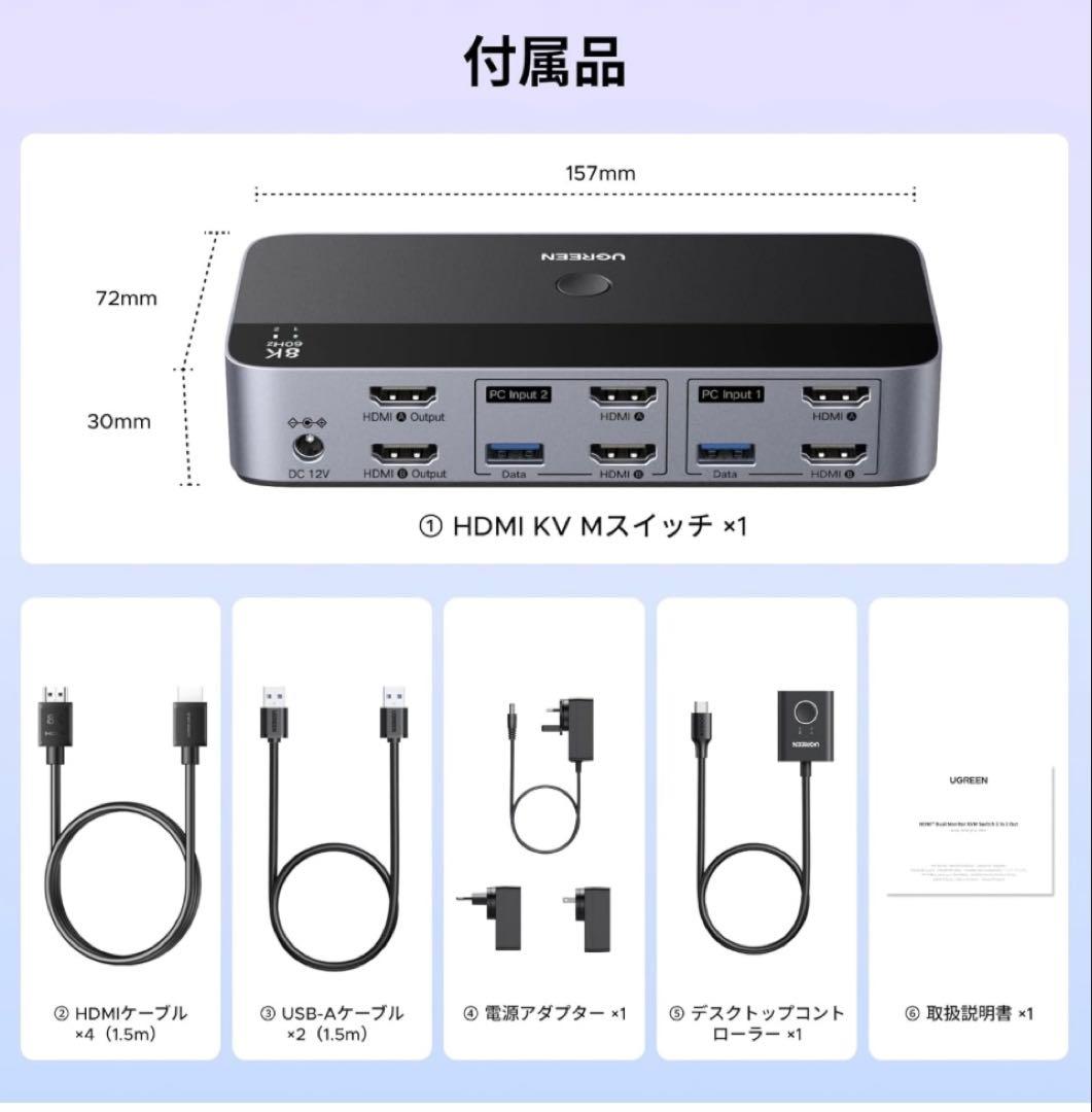 UGREEN HDMI 2.1 KVM切替器 デュアルモニター 2入力2出力