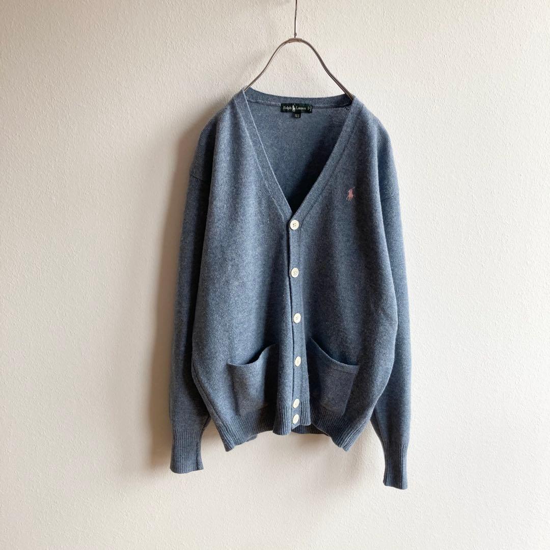 ビンテージ ラルフローレン ロゴ刺繍 ウール ニット カーディガン ヘザーブルー