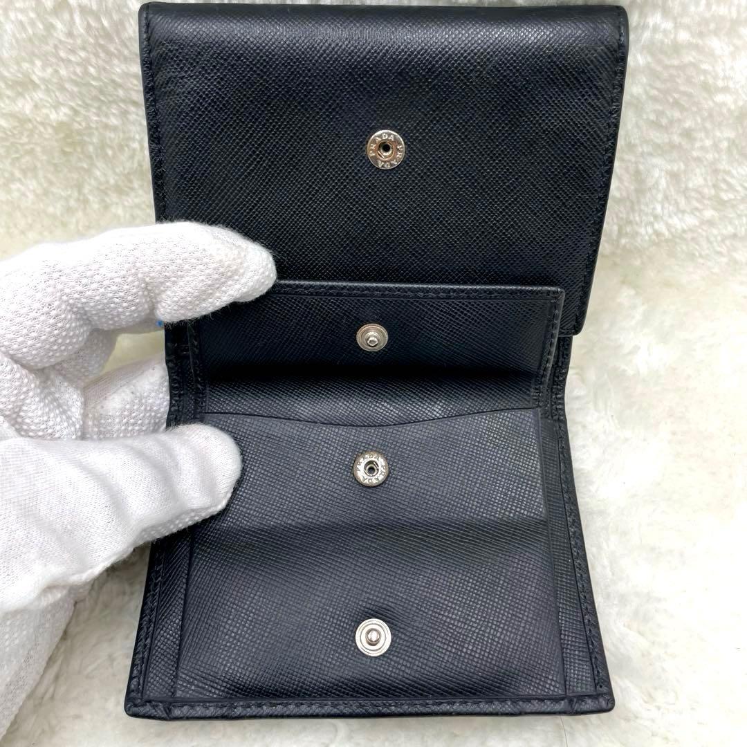 美品 プラダPRADA サフィアーノレザー 3つ折り 財布 三角ロゴ ブラック