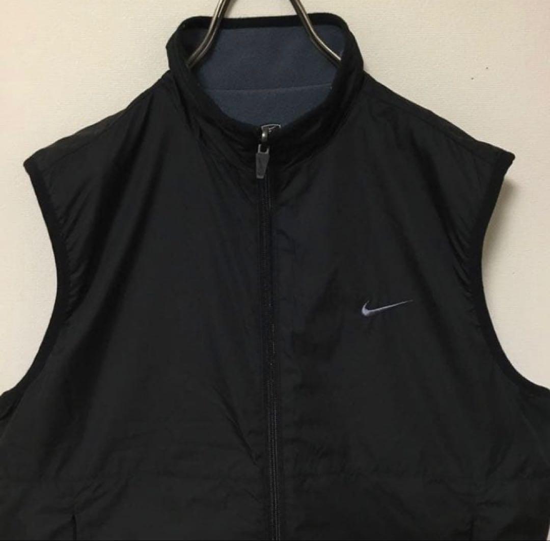 希少リバーシブル！OLD NIKE ロゴ刺繍 ナイロン×フリース ベスト 黒