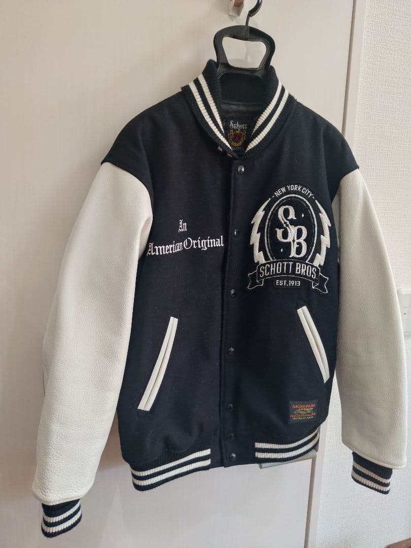 schott ショット メルトン 袖レザー スタジアムジャンパー M