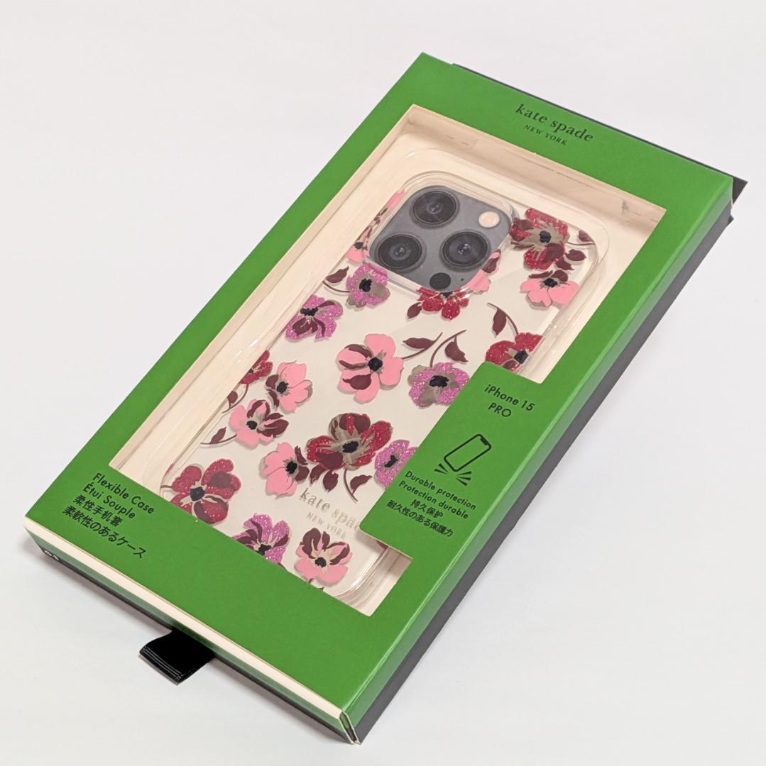 Kate Spade iPhone15Proケース花柄ピンクグリッター装飾クリア