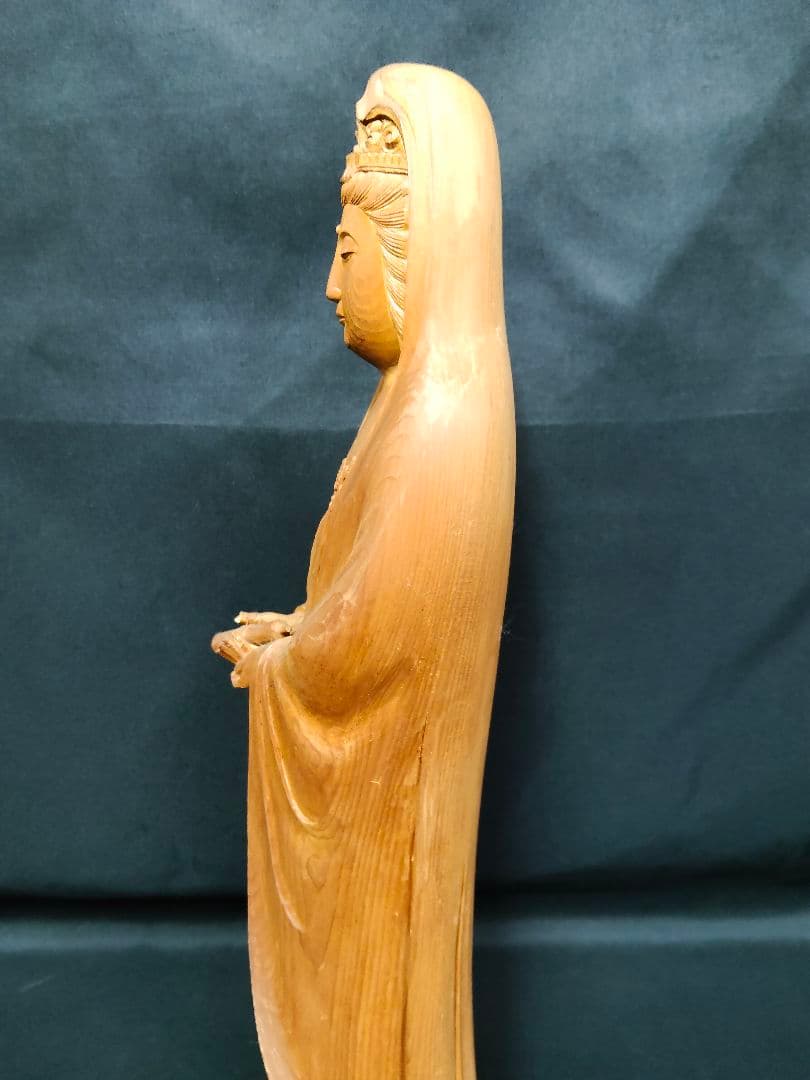 木彫り 観音像 仏像 立像 置物 彫刻 骨董 美術品 高さ約44cm