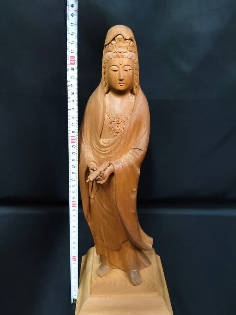 木彫り 観音像 仏像 立像 置物 彫刻 骨董 美術品 高さ約44cm