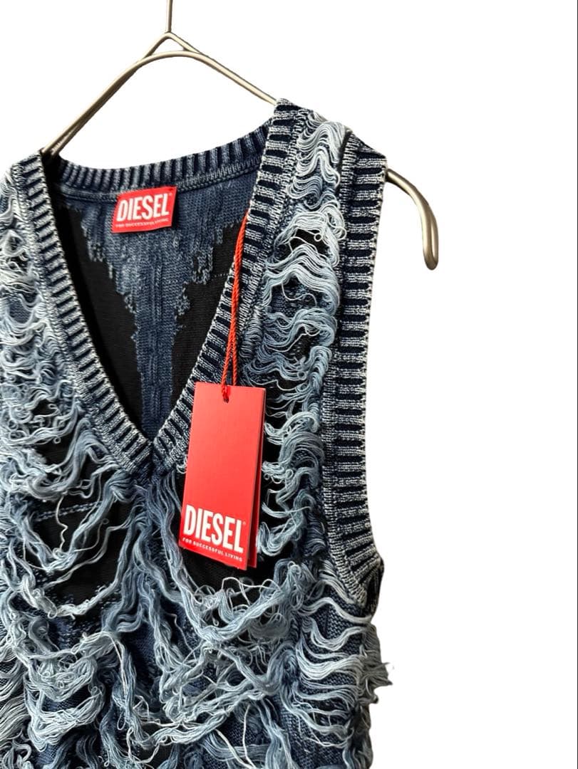新品 DIESEL ワンピース S フリンジ デニムダメージ加工 ニット ドレス