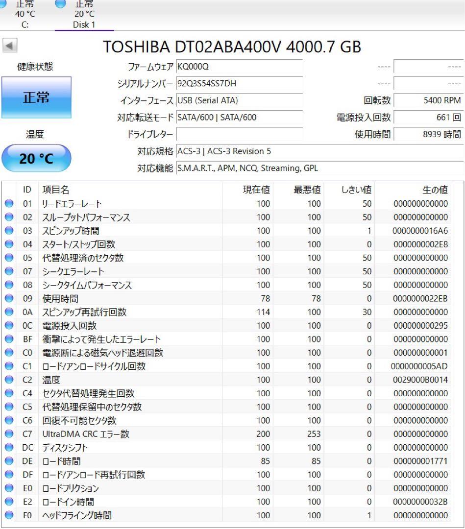 【中古】4TB/HDD/東芝/DT02ABA400V/スマート情報有り