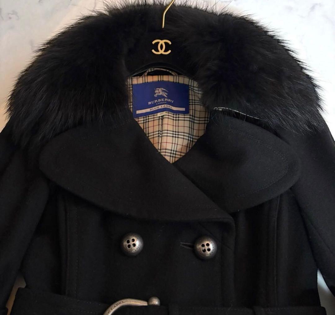 BURBERRY BLUE LABEL ファー付ベルトコート 黒 38