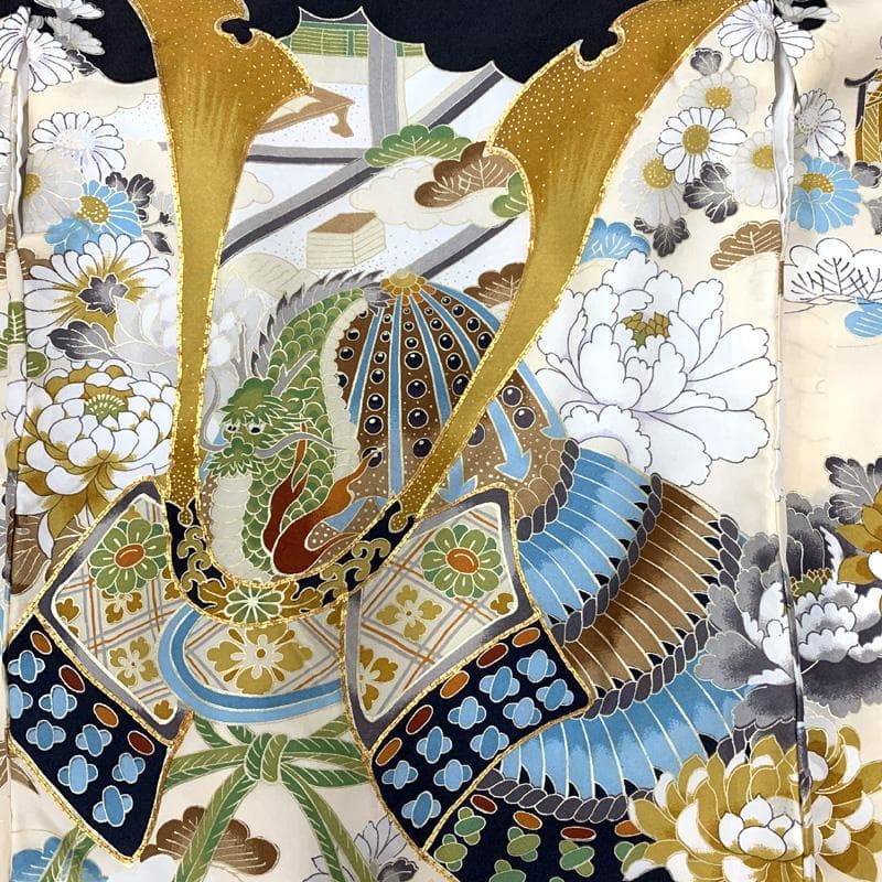 505ay24□お宮参り 男児 祝い着 着物 掛け着 熨斗目 金彩 龍に兜□美品