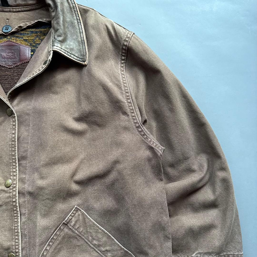 90s USA製 Woolrich 襟レザー ダック ハンティングジャケット 茶