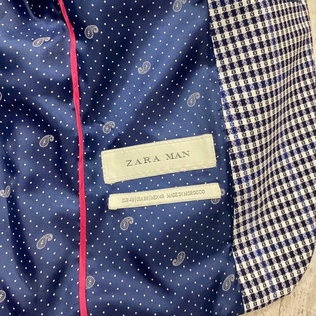 ZARA ザラ チェック柄 テーラードサマージャケット 48 ネイビー